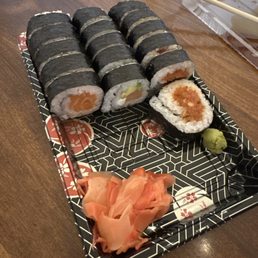 3 roll combo. Left to right: salmon, Philadelphia, spicy tuna.