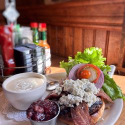 Tofanelli's Gold Country Bistro - Bleu Burger (no caramelized onions, added cranberry chutney) choose with regular fries, sweet potato fries, salad, or soup.
