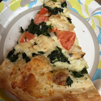 Georgina's Pizzeria - White base, spinach, tomato, onion & chicken pizza - Pizza Near Me - Epsom, New Hampshire Georgina's Pizzeria - White base, spinach, tomato, onion & chicken pizza - Pizza Near Me - Epsom, New Hampshire