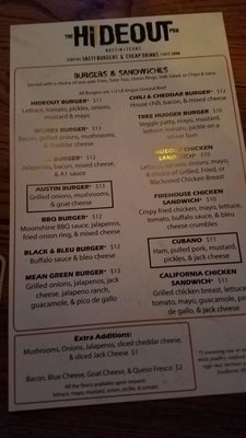 Menu photo 1 Hideout Pub Austin, TX