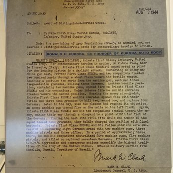 Kuroda Autobody - Award of Distinguished-Service Cross for Ronald Kuroda.... dated Aug 3 1944 - Body Shops Near Me - Waipahu, Hawaii Kuroda Autobody - Award of Distinguished-Service Cross for Ronald Kuroda.... dated Aug 3 1944 - Body Shops Near Me - Waipahu, Hawaii