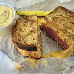 Main Street Deli and Diner - My ($14) corned beef sandwich, potato salad, and pickle spear