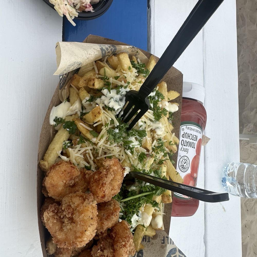 The Gulf - Truffle fries & fried shrimp, Cole slaw - Burgers Near Me - Orange Beach, Alabama The Gulf - Truffle fries & fried shrimp, Cole slaw - Burgers Near Me - Orange Beach, Alabama