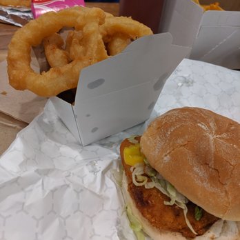 Superburger - Crispy chicken burger and very crispy, non greasy onion rings. - Burgers Near Me - Shelburne, Ontario