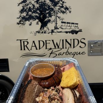Tradewinds Barbeque - Build your own platter. Brisket, sliced pork belly, pulled pork, sausage, cowboy beans, and honey butter cornbread - Barbeque Near Me - Bakersfield, California Tradewinds Barbeque - Build your own platter. Brisket, sliced pork belly, pulled pork, sausage, cowboy beans, and honey butter cornbread - Barbeque Near Me - Bakersfield, California