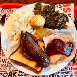Full Moon BBQ - Two meat plate with sausage, turkey, collards and potato salad.
