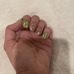 My nails - green chrome over mood colors so it goes from dark to light green, depending on the temperature, cold or hot.