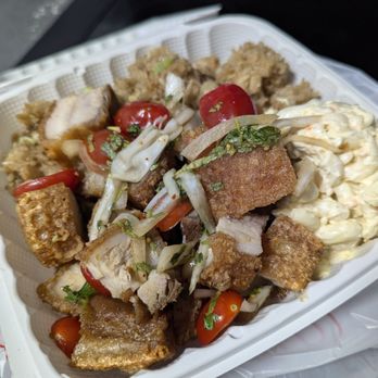 GiAilex Kitchen - Lechon Kawali @ $15. I chose the two sides of fried rice and mac salad. Didn't know it was Pork Adobo Fried Rice until I opened the lid! - Food Trucks Near Me GiAilex Kitchen - Lechon Kawali @ $15. I chose the two sides of fried rice and mac salad. Didn't know it was Pork Adobo Fried Rice until I opened the lid! - Food Trucks Near Me