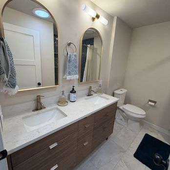 Elevated Renovations - New bathroom after a gut renovation. Our space looks and feel bigger, brighter, and so much nicer than our 70 year old 1957 pink bathroom. - General Contractors Near Me Elevated Renovations - New bathroom after a gut renovation. Our space looks and feel bigger, brighter, and so much nicer than our 70 year old 1957 pink bathroom. - General Contractors Near Me