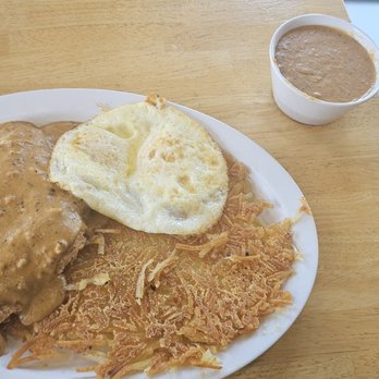 Corona Airport Cafe Express - Chicken fried steak, extra crispy hash browns (i asked for it extra crispy), eggs and an extra side of gravy - Breakfast & Brunch Near Me - Norco, California