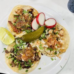 El Pastor, Grilled Shrimp, and Carne Asada Tacos