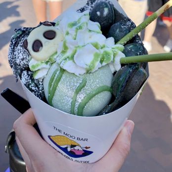 The Moo Bar - Charcoal bubble waffle with matcha ice cream, matcha pocky, whipped cream, matcha drizzle, and panda cookie - Desserts Near Me - Seattle, Washington The Moo Bar - Charcoal bubble waffle with matcha ice cream, matcha pocky, whipped cream, matcha drizzle, and panda cookie - Desserts Near Me - Seattle, Washington
