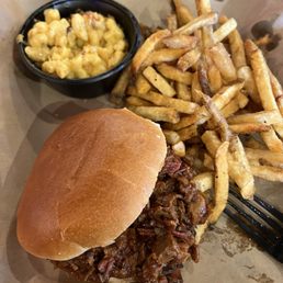 Chopped brisket sandwich, Mac and cheese, fresh cut fries