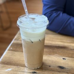WeirdDoughs Bagels & Brews - Sea Foam Latte with Oatmilk (i.e. pistachio foam on top)