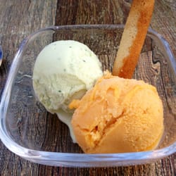 L'industrie - Glaces Terre Adélice : sorbet abricot bergeron et glace menthe avec feuille (délicieux tous les deux)