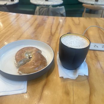 Coffee Uplifts People - plain bagel , toasted with vegan butter(requested) with tasty vegan cream cheese - Coffee & Tea Near Me - Brooklyn, New York