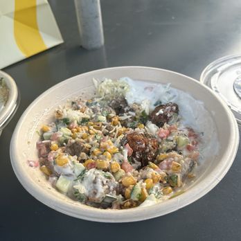 CAVA - Falafel and steak with corn and white rice after I mixed it. - Mediterranean Near Me - Pasadena, California