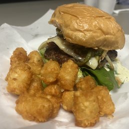 The inferno burger with tots The inferno burger with tots