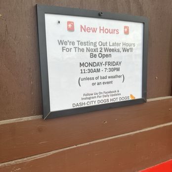 Dash-City Dogs - New Hours sign - Food Trucks Near Me - Winston-Salem, North Carolina Dash-City Dogs - New Hours sign - Food Trucks Near Me - Winston-Salem, North Carolina