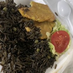 Sandy's Bakery - Haitian rice with plantains and salad