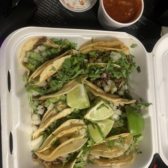 Mi Pueblo - 10 carne asada tacos and the first of the two salsas they provided. - Mexican Near Me - Olympia, Washington