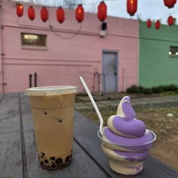 HK milk tea with boba and Earl Grey and ube soft serve. Boba was hard and milk was too sweet
