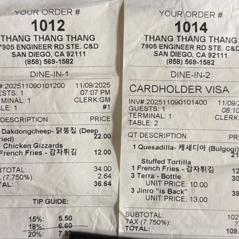 Thang Thang - Checks for the end of the night, price discrepancy for French fries + quesadilla - Korean Near Me - San Diego, California Thang Thang - Checks for the end of the night, price discrepancy for French fries + quesadilla - Korean Near Me - San Diego, California