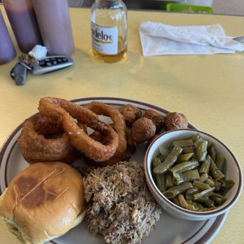 Allman's Bar B Q - Chopped pork with green beans, hush puppies and onion rings - Barbeque Near Me - Fredericksburg, Virginia