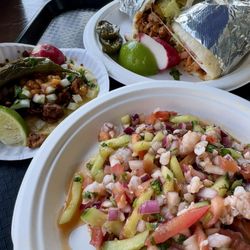 Mariscos La Costa - Shrimp ceviche tostada; pastor taco; and chicken quesadilla
