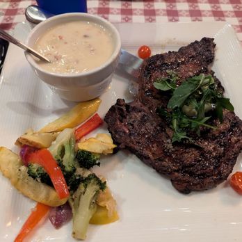 Shamus T Bones - Rib eye steak with vegetables and clam chowder - Barbeque Near Me - Eureka, California