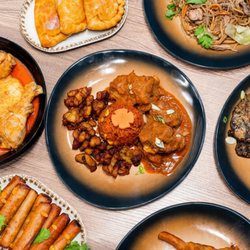 Masarap Cafe - Jollof rice, oxtail, eggplant, pancit, lumpia and peanut butter soup, empanada