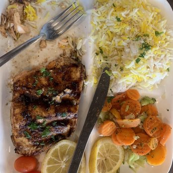 Alsham Mediterranean Kitchen - Grilled Salmon rice and veggies - Mediterranean Near Me - Corona, California