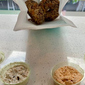 Hey Bagel - Everything Bagels w/ The Whole Lox Schmear (left) and Chili Crisp Schmear (right) - Coffee & Tea Near Me - Seattle, Washington
