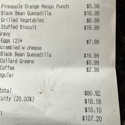 Receipt with prices. Notice the total $80.92 with 20% gratuity added which includes my to-go order. Receipt with prices. Notice the total $80.92 with 20% gratuity added which includes my to-go order.