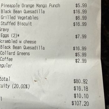 Scrum-did-dly-ump-tious - Receipt with prices. Notice the total $80.92 with 20% gratuity added which includes my to-go order. - Breakfast & Brunch Near Me - Lawrenceville, Georgia Scrum-did-dly-ump-tious - Receipt with prices. Notice the total $80.92 with 20% gratuity added which includes my to-go order. - Breakfast & Brunch Near Me - Lawrenceville, Georgia