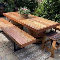 Barrel Dreams - Check out our BEAUTIFUL redwood fence table and benches!