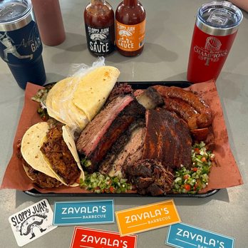 Zavala's Barbecue - Sloppy Juan (2 tortillas), beef rib, beef cheek, sausage, pork ribs, carnitas, brisket, fresh pico de gallo, 2023 World Series Champs cups! - Barbeque Near Me - Grand Prairie, Texas