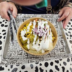 Chicken shawarma bowl with lots of toppings