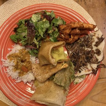 Paper Dosa - Yum. The only thing on this plate that was not Paper Dosa's food was the homemade salad (top left) - Indian Near Me - Santa Fe, New Mexico