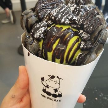 The Moo Bar - Charcoal bubble waffle with match ice cream and oreos!! - Desserts Near Me - Seattle, Washington