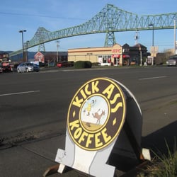 Kick Ass Koffee - No review, just a photo.  Didn't need coffee at the time.  I'd buy just because of the name! Cool. OR-WA bridge (US 101) beyond.