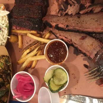 Post Oak Barbecue - Brisket, pork ribs, Brussel sprouts, coleslaw, fries - Smokehouse Near Me - Denver, Colorado