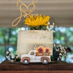 Bake With Nana - Wedding Reception Cake with a Real Sunflower and greenery.