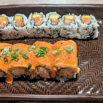 Oishii Japanese Bistro - Salmon Mango roll (top) and Powell roll (bottom). - Sushi Bars Near Me - Powell, Ohio Oishii Japanese Bistro - Salmon Mango roll (top) and Powell roll (bottom). - Sushi Bars Near Me - Powell, Ohio