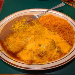 Don Juans Mexican Restaurant - Lunch special #11 - one enchilada and one chile relleno, with beans and rice.