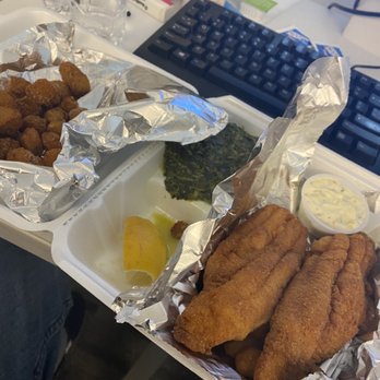 The Original Q Shack - Friday catfish special  Fried okra and creamed spinach - Barbeque Near Me - Durham, North Carolina