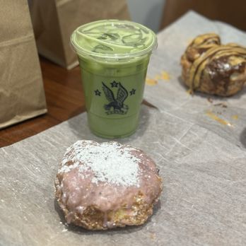 Parlor Doughnuts - Blueberry donut and Iced Matcha Tea Latte - Donuts Near Me - Nashville, Tennessee