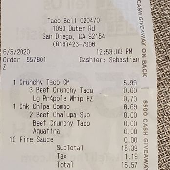 Taco Bell - My receipt of proof. - Fast Food Near Me - San Diego, California Taco Bell - My receipt of proof. - Fast Food Near Me - San Diego, California