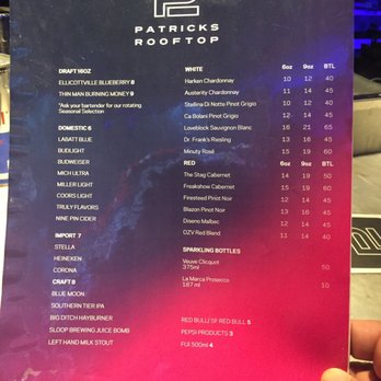 Patricks Rooftop - Drink menu - Cocktail Bars Near Me - Buffalo, New York