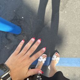 Dip nail manicure with red tip & red toe pedicure Dip nail manicure with red tip & red toe pedicure